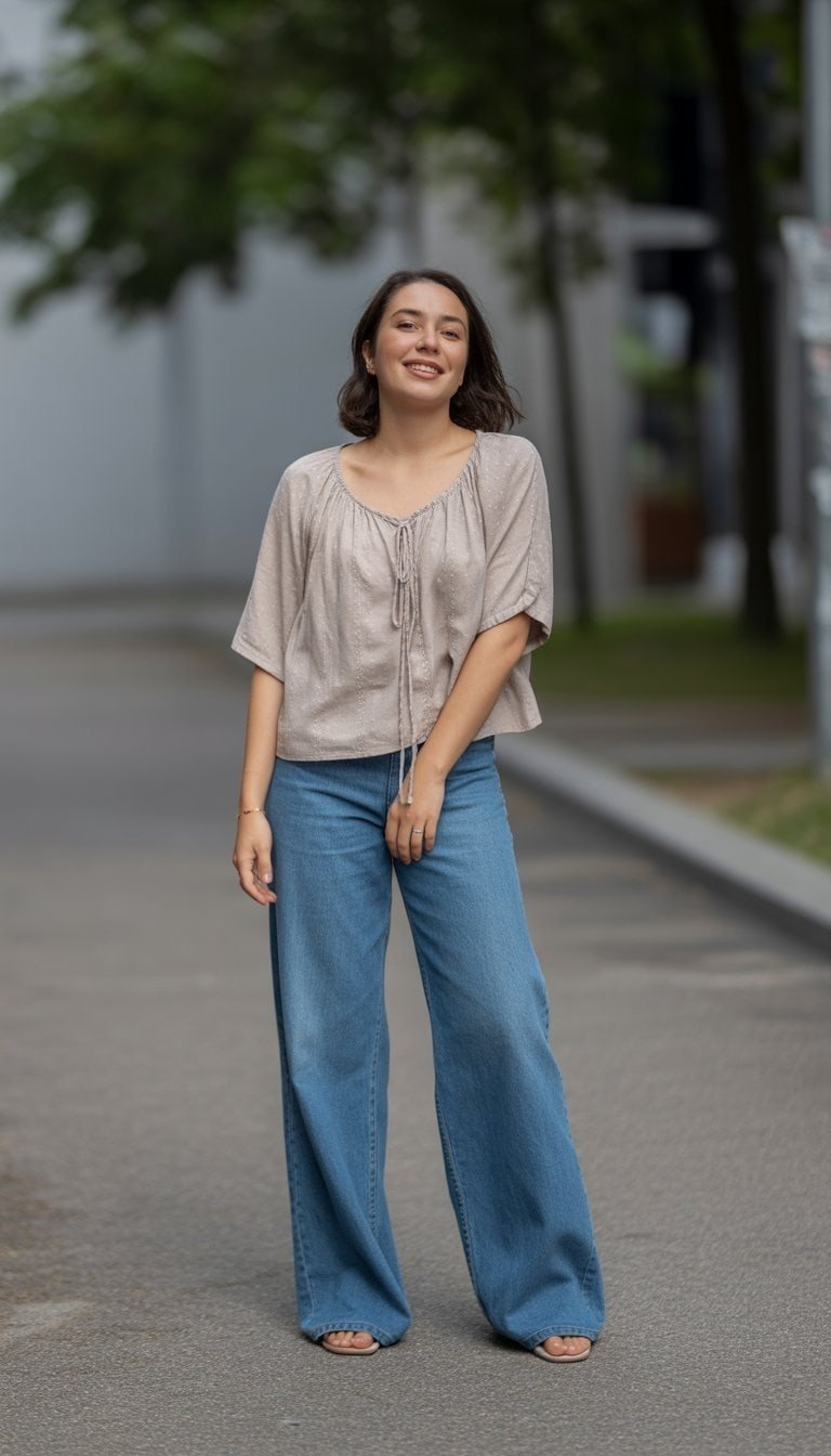 A young woman standing outdoors on a quiet street, shown head to toe in casual clothing, looking relaxed and natural.