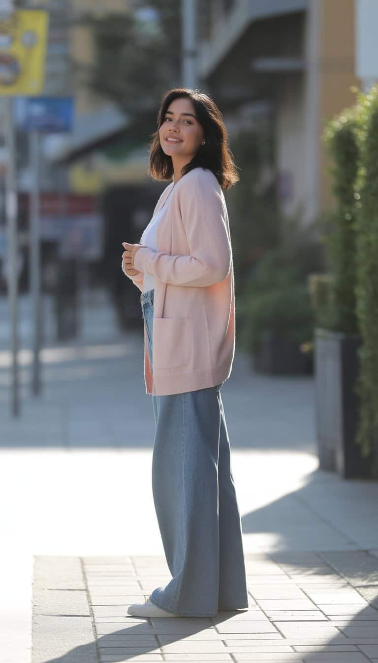 A young woman stands outdoors on a city sidewalk, wearing a pastel cardigan and wide jeans, looking relaxed and smiling gently.