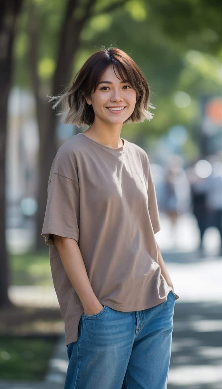 A young woman standing outdoors on a city sidewalk, shown from head to toe, with a natural expression and casual clothing.